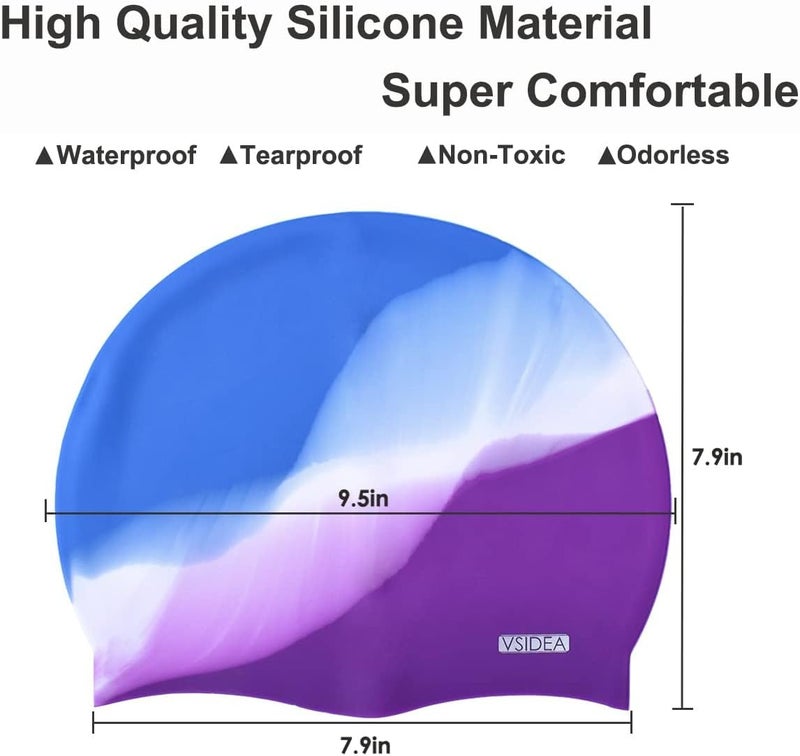 vsidea Silicone Swim Caps, 2 Pack Durable Comfortable Adult Swimming Cap Elastomeric for Women Man Short Hair Long Hair - Image 3